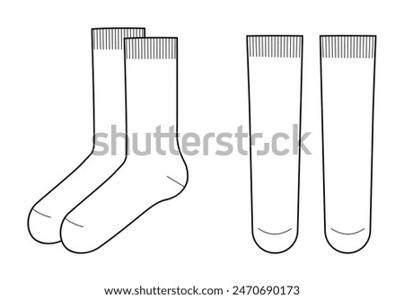 Mid Calf Socks length set. Fashion hosiery accessory clothing technical illustration stocking. Vector front, side view for Men, women, unisex style, flat template CAD mockup sketch outline isolated 