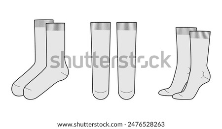 Mid Calf Socks length set. Fashion hosiery accessory clothing technical illustration stocking. Vector front, side view for Men, women, unisex style, flat template CAD mockup sketch outline isolated 