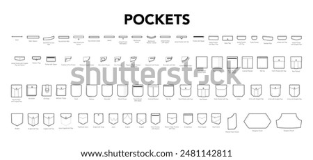 Set of Pockets for clothes - welt, jetted, patch, Square, tab, Rounded, angled, Zipper, jeans, Kangaroo styles technical fashion illustration. Flat apparel template. Women, men CAD mockup isolated