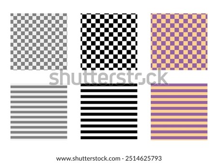 Set of stripes and chess checkerboard seamless patterns. Print for Fashion accessory clothing technical illustration. Vector Black, grey and purple orange lines flat sketch outline isolated