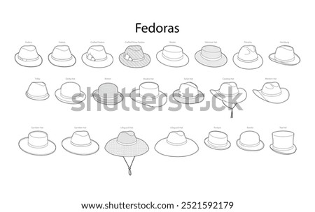 Set of Fedora style hats with name text - Boater Panama Homburg Derby Breton Safari Western Gambler. Head Fashion accessory cap clothing technical illustration. Vector headgear, flat template CAD