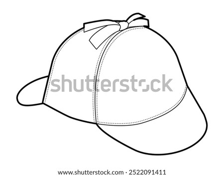 Deerstalker Cap Hat. Summer Head Fashion accessory clothing technical illustration. Vector headgear for Men, women, unisex style, flat template CAD mockup sketch outline isolated