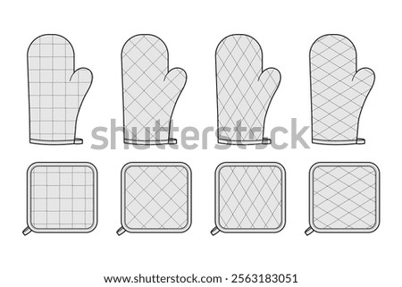 Oven Gloves Mitt and potholder with diagonal windowpane quilted stitching Fashion hand accessory clothing technical illustration garment. Vector flat template CAD mockup sketch on white background