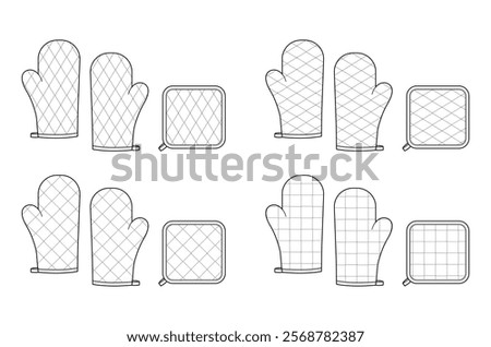 Oven Gloves Mitt and potholder with diagonal windowpane quilted stitching Fashion hand accessory clothing technical illustration garment. Vector flat template CAD mockup sketch on white background