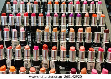 08 March, 2015 colourfull of many lipsticks in a shop in Hanoi, Vietnam. Vietnamese men offten offer his wife or girl friend a lipstick on international Women\'s Day.