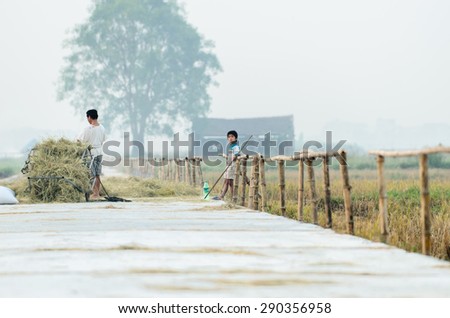 12 October 2014 in Suburd of Hanoi Vietnam, unknow father and son farmer prepare to carry rice traw to home