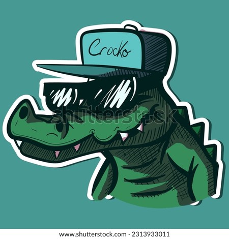 Digital art of a crocodile head wearing a hiphop hat and sunglasses. Vector of a green thug alligator with teeth.