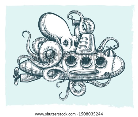 Hand drawn Giant octopus plays with a submarine. Vector illustration.