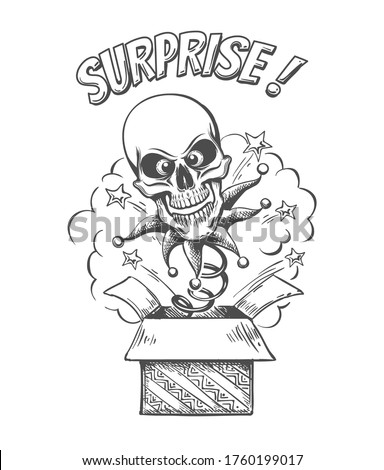 A Skull on a spring  jumps out of box. Isolated on a white background. Unexpected surprise. Vector Illustration