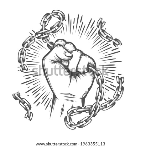 Tattoo of Human Fist with Broken Chain. Feedom concept. Vector illustration.