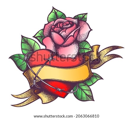 Colorful tattoo of Heart and Rose Flower and barbed Wire isolated on white. Vector illustration.