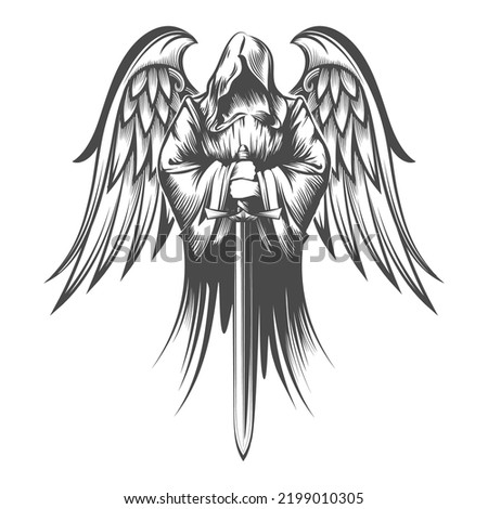 Angel with Wings Holds Sword. Engraving Tattoo isolated on white. Vector illustration.