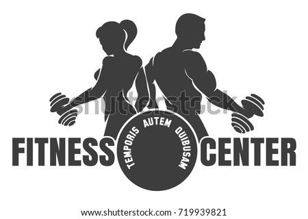 Fitness club logo with exercising athletic man and woman isolated on white, vector illustration