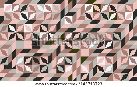 Abstract isometric opt art seamless pattern. Square,rhombus and triangle in pink,gray,black and white color. Optical illusion isometric background. For cloth silk scarf fabric textile decoration cover