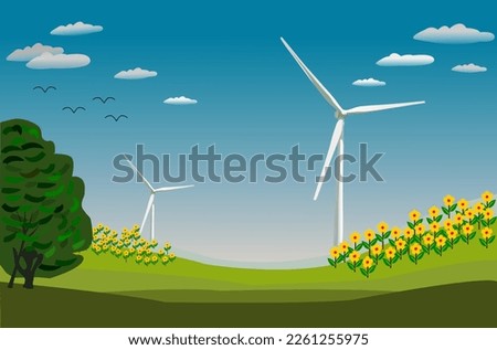 Large wind turbines as a domestic power supply. Concept of obtaining clean electric energy from renewable sources and to lower energy costs and reduce reliance on fossil fuels. Vector illustration.
