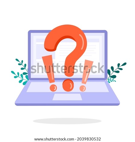 FAQ and QA concept. Frequently Asked Questions with exclamation and question masks on laptop. Finding answer for webpage. Flat vector illustration.