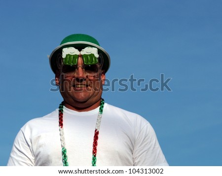 Irish Man With Green Derby And Funny Beer Mug Sunglasses