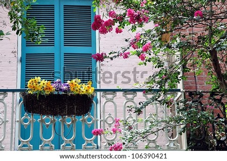 Balcony With Shuttered Doors, Railing And Flower Box