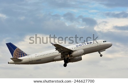 NEW ORLEANS, LA-JAN 22: a United Airlines Commercial Passenger Jet departs New Orleans International Airport on January 22, 2015.