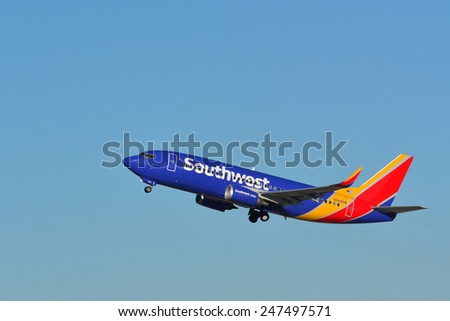 NEW ORLEANS, LA.-JANUARY 25: A Southwest Airlines commercial passenger jet departs New Orleans International Airport on January 25, 2015.