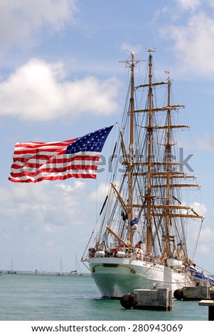 KEY WEST, FL-MAY 24:  America's Tall Ship, the United States Coast Guard Barque EAGLE, WIX 327, visits Key West on May 24, 2015, welcoming visitors over the Memorial Day Weekend.