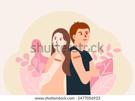 Young couple showing gesture and shows off an orange bandage after getting vaccine. Vector cartoon illustration.