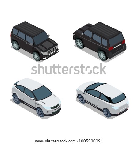 Flat 3d isometric high quality city transport icon set. Passenger car sportscar SUV lux high class sedan hatchback sport utility vehicle. Back front view. Web infographic collection.