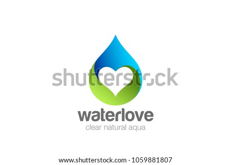 Water droplet Heart inside Logo design vector template. Love mineral natural aqua drop drink Logotype. Waterdrop concept icon.