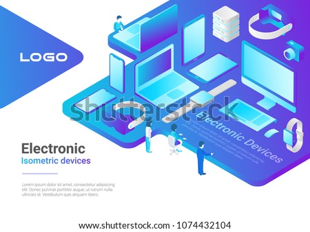 Isometric Flat electronic devices ultraviolet collection: laptop, computer, monitor, vr helmet, smartwatch, smartphone, tablet pc, photo camera, storage.