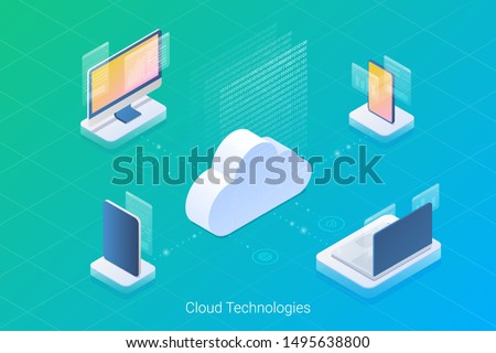 Laptop, Desktop, Smartphone Mobile Phone, Tablet PC Isometric Flat vector illustration. Cloud computing technologies Hosting Sync Data.