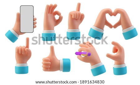 Hands Gestures 3D cartoon friendly funny style isolated on white background