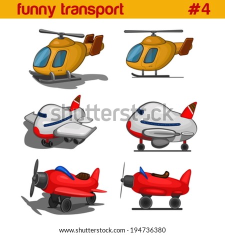 Fun cute cartoon air transportation vehicles vector icon set. Helicopter, airplanes.  Funny transport collection.