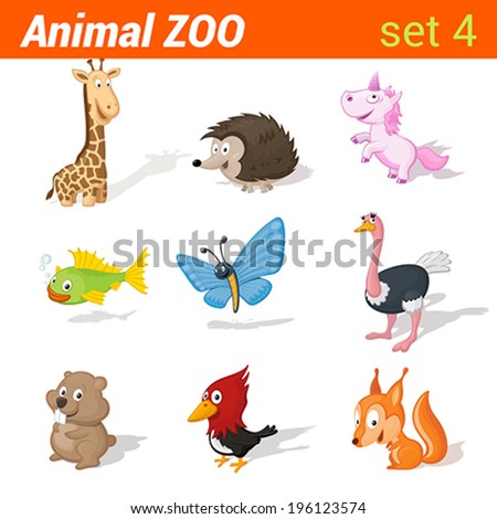 Funny children animals icon set. Kid language learning elements. Giraffe, hedgehog, unicorn, fish, butterfly, ostrich, hamster, woodpecker, squirrel.  Animal Zoo collection.