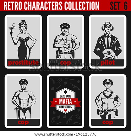 Retro vintage people collection. Mafia noir style. Hooker, Cops, Pilot.   Professions silhouettes.