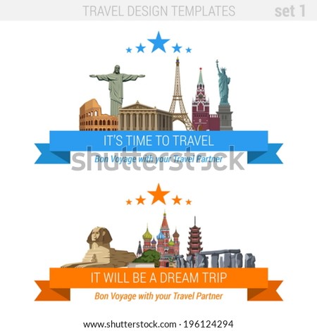 ?Tourism adventure vacation vector set. Travel design templates collection.  Sphinx, Pagoda, Eiffel Tower, Basil Cathedral, Pantheon, Colosseum, Liberty Statue, Christ Redeemer, Kremlin, Stonehenge.