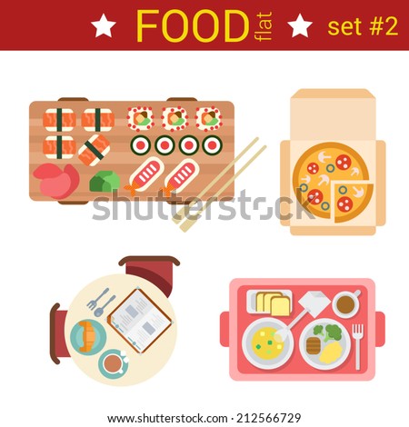 Flat design restaurant food dishes vector top view dish set. Sushi rolls, pizza, breakfast croissant, omelet, steak dinner.