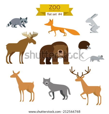 Flat Design Vector Animals Icon Set. Bear, Fox, Hare, Rabbit, Moose ...