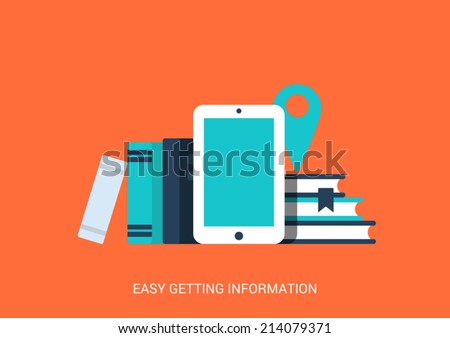 Flat style design vector illustration icon creative technology tablet device empty copyspace background education library easy access information concept. Touch screen pad ebook library books map pin.