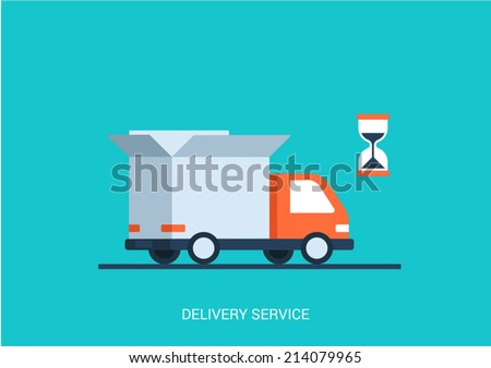 Flat style vector illustration delivery service concept. Abstract truck with open white box container and hourglass product item goods shop shipping. Big flat conceptual collection.