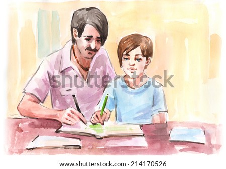 Watercolor drawing painting father and boy doing homework parenting concept. Education study knowledge concept. Collection of hand made water color art draw paintings.
