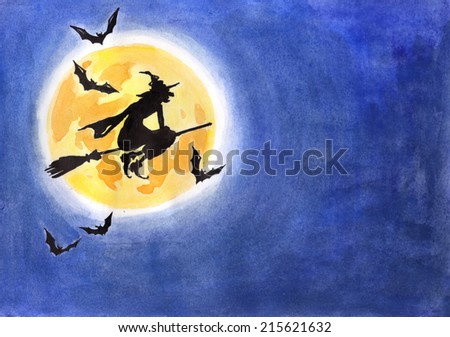 Watercolor hand drawn drawing painting illustration image Halloween holiday concept postcard poster template. Witch flying broom. Big water color collection.