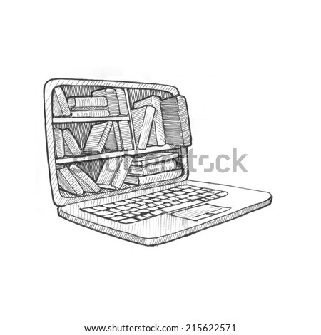 Engraving style hatching pen pencil painting illustration electronic library concept image. Books stick out from laptop screen. Engrave hatch lithography drawing collection.
