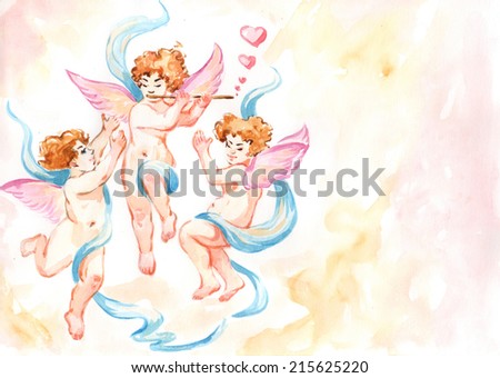 Watercolor hand drawn drawing painting illustration image Valentine holiday cupids postcard empty background concept. Big water color collection.