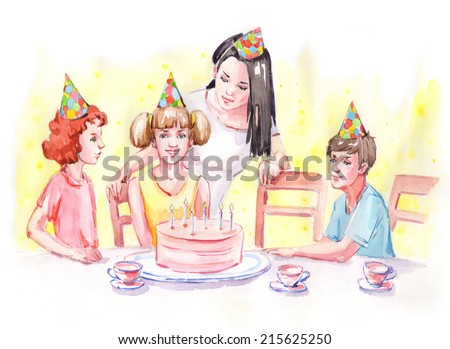 Watercolor hand drawn drawing painting illustration kid birthday. Mother birthday girl guests hat cap cones cake with candles. Big water color collection.