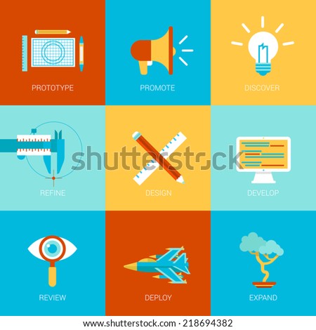 Flat website creation process design icons set prototype promote idea refine develop code programming review deploy expand modern web click infographics style vector illustration concept collection.