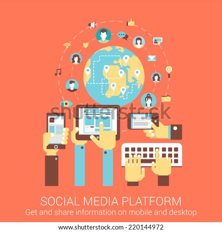 Modern flat design concept for social media platform worldwide people connection tablet smart phone pc vector web banners illustration print materials website click infographics elements collection