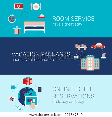 Hotel booking travel business concept flat icons banners template set room service vacation tourism packages online hotel reservation vector web illustration website click infographics elements