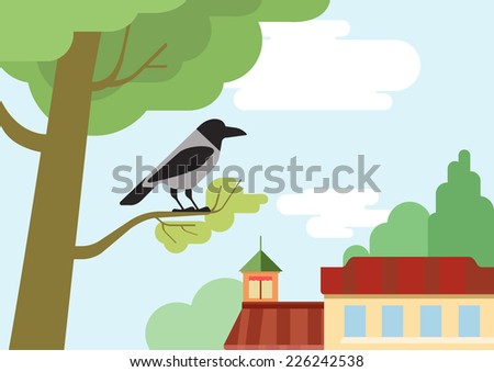 Crow on the street tree branch flat design cartoon vector wild animals birds. Flat zoo nature children collection.