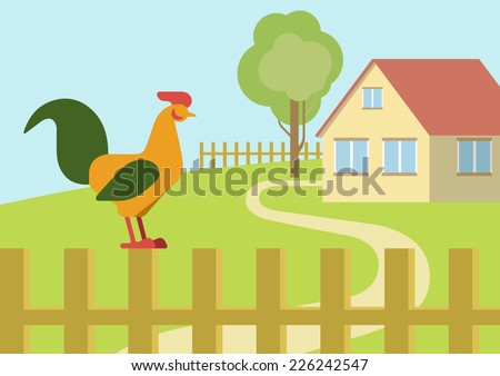Cock rooster on the farm fence flat design cartoon vector animals birds. Flat zoo nature children collection.
