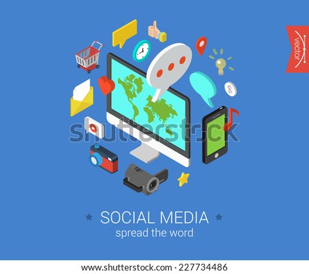 Social media flat 3d isometric pixel art modern design concept vector icons composition set. Desktop, chat, video, photo, music, phone, tablet. Flat web illustration infographics collection.